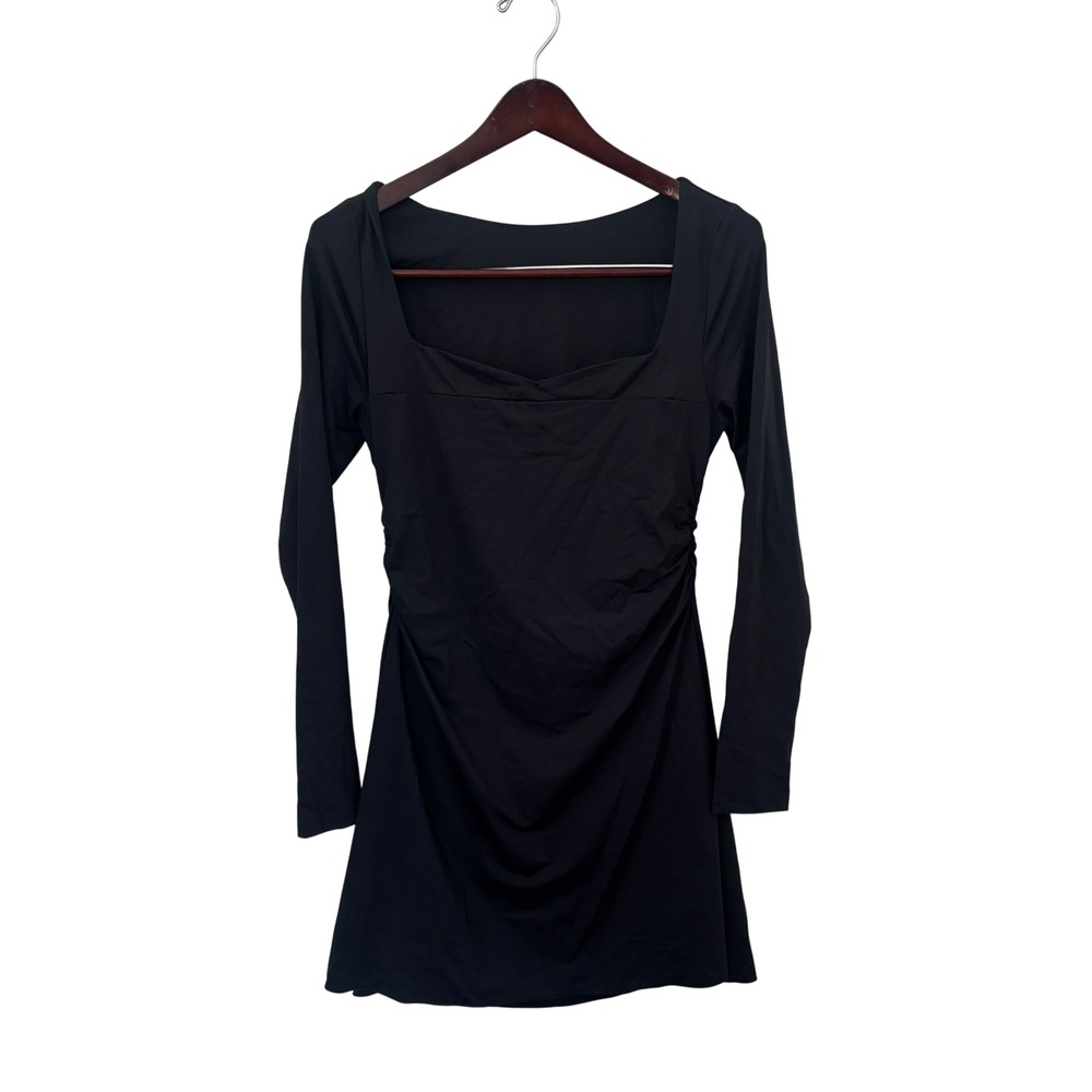 NWOT Long Sleeve Lined Mini Dress Womens Medium Black Ruched Square Neck Bodycon